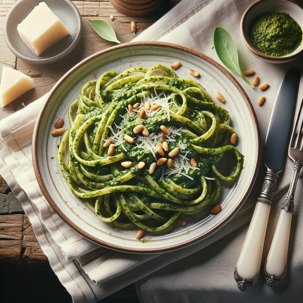 A photo of a plate of Pasta Pesto with linguini with parmezan cheese