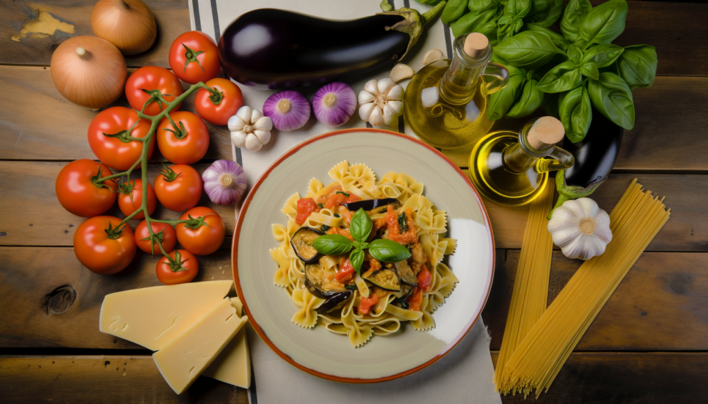 An image of a plate of Pasta Alla norma and the ingredients that make up the dish.